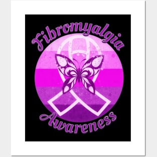 Fibromyalgia Awareness Retro Sunset Mystic Ribbon and Butterfly Posters and Art